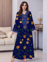Women Vintage Long Sleeve Abaya Floral Print Muslim Maxi Dress Fashion Sundress Robe Femme Marocain Dubai Turkey Vestido