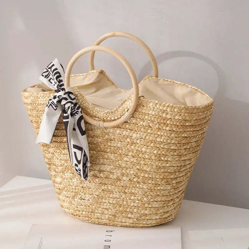 Summer Tote Woven Bag Seaside Vacation Photo Large Capacity Handmade Woven Shoulder Women's Bag