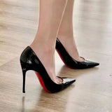 2023 New Style Patent Leather Black Red Base Fine Heel Pointed Toe High Heel Shoes Sexy Versatile Niche Elegant 10cm Single Shoe