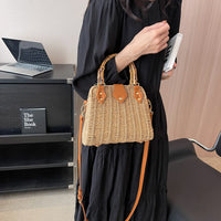Summer Shoulder Bag Bamboo Handle Ladies Woven Tote Handmade Casual Fashion Simple Portable Adjustable Strap for Seaside Holiday