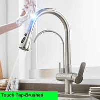 Brushed Nickel Touch on Filter Kitchen Faucet with Pull Down Sprayer Hot Cold Kitchen Sink Mixer Tap Sensor Touch Kitchen Faucet