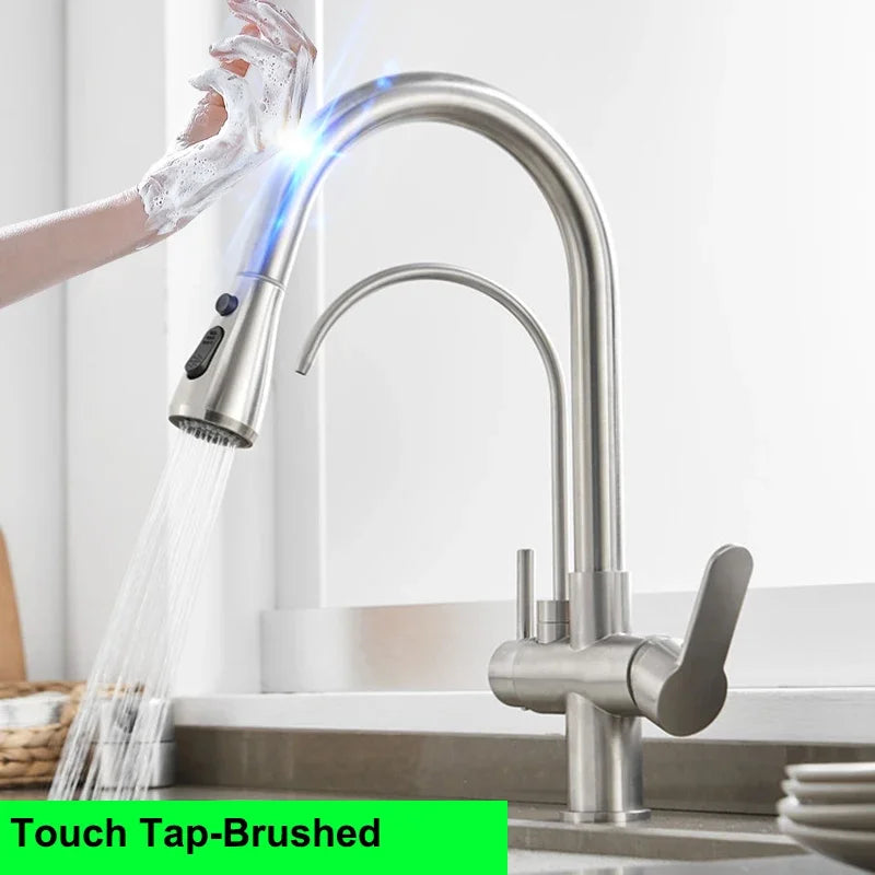 Brushed Nickel Touch on Filter Kitchen Faucet with Pull Down Sprayer Hot Cold Kitchen Sink Mixer Tap Sensor Touch Kitchen Faucet