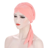 Muslim Women Stretch Solid Wrinkle Turban Hat Cancer Chemo Beanies Caps Pre-Tied Scarf Headwear Headwrap Plated Hair Accessories
