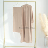 2 Piece Abaya Kimono + Inner Dress Matching Muslim Set Women Dubai Luxury Ramadan Balloon Sleeve Wrinkles Islamic Outfit Kaftan