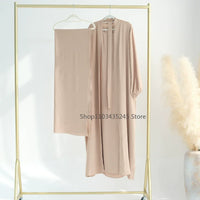 2 Piece Abaya Kimono + Inner Dress Matching Muslim Set Women Dubai Luxury Ramadan Balloon Sleeve Wrinkles Islamic Outfit Kaftan