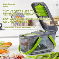 Cortador de cocina multifuncional con cuchillas afiladas para cortar verduras en diferentes tamaños y formas sin esfuerzo.