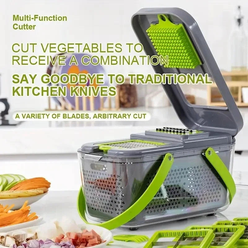 Cortador de cocina multifuncional con cuchillas afiladas para cortar verduras en diferentes tamaños y formas sin esfuerzo.