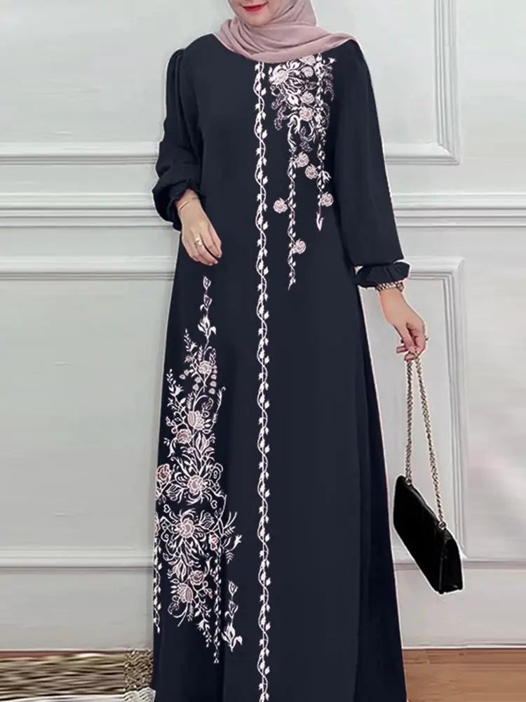 ZANZEA Long Sleeve Islamic Long Robes Abaya Women Muslim Fashion O Neck Casual Vestidos Loose Turkey Floral Printing Maxi Dress