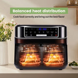 Hot air fryer 2 chambers with viewing window, 10L Double  drawers, Hot air fryer with touch screen 8 auto progrmas