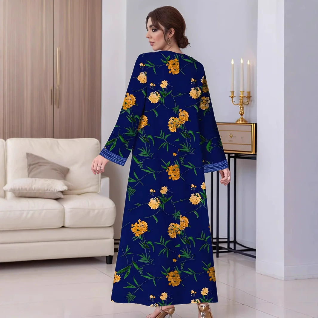 Women Vintage Long Sleeve Abaya Floral Print Muslim Maxi Dress Fashion Sundress Robe Femme Marocain Dubai Turkey Vestido