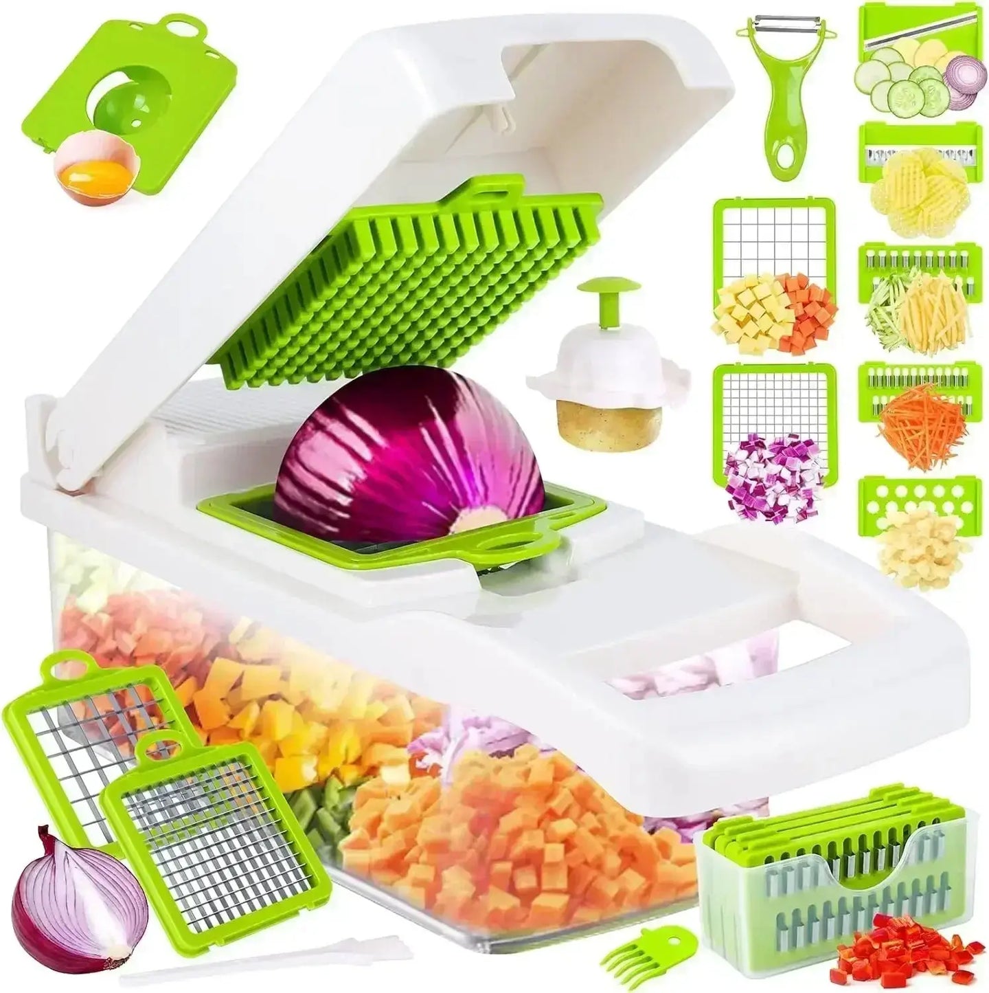 Cortador de verduras 12 en 1 multifuncional y manual con contenedor. Incluye cuchillas intercambiables para picar, rallar y rebanar fácilmente.