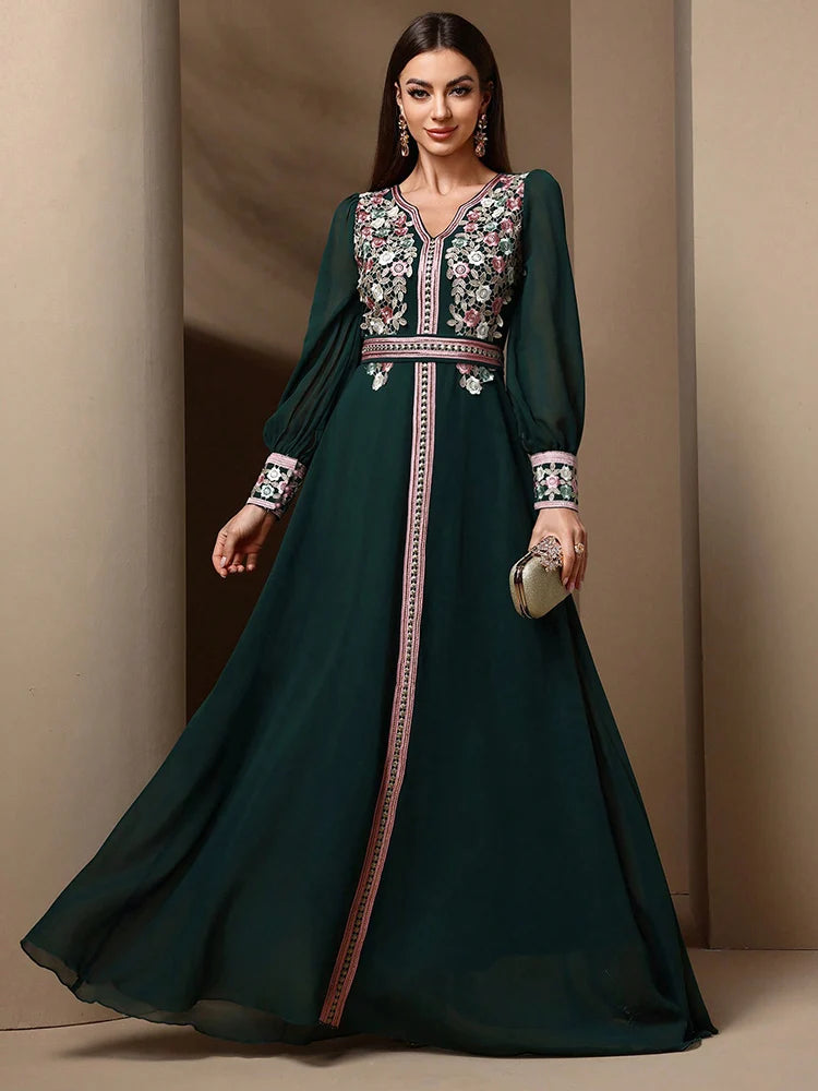 TOLEEN-Women's Kaftan Jalabiya Dress, Moroccan Style Dresses, Floral Embroidery Patchwork, Jacquard Belt, Luxury, Elegant, 2024