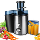 Extractor de jugos de 1000W de acero inoxidable con diseño centrífugo para frutas y verduras enteras. Incluye contenedor de 500ML y perilla de control.