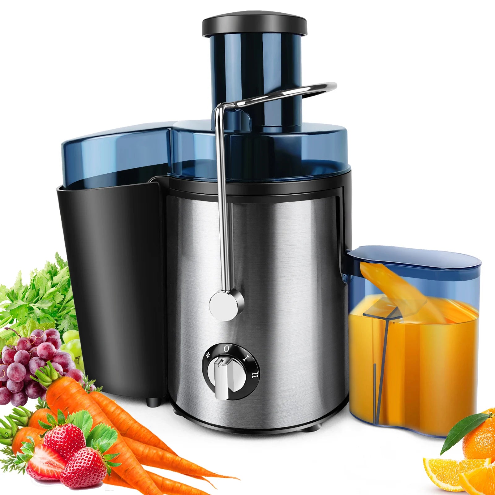 Extractor de jugos de 1000W de acero inoxidable con diseño centrífugo para frutas y verduras enteras. Incluye contenedor de 500ML y perilla de control.
