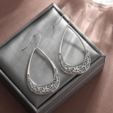 Silver-Plated Carved Flower Drop-Shaped Large Earrings Hypoallergenic Earrings for Women Retro Fashion Casual Party Jewelry