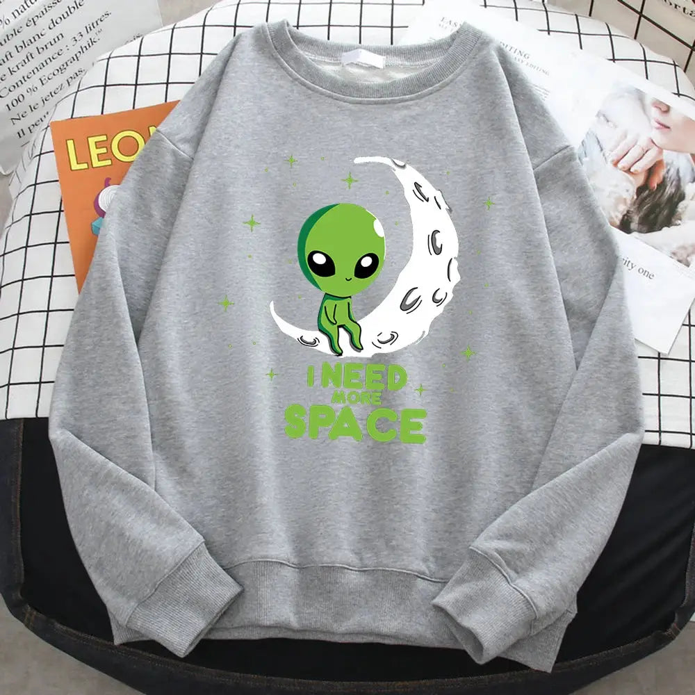 Casual Kawaii Women Sweatshirts I Need More Space Green Alien Print Hoodie Loose Warm Pullover Soft Fleece Ladies Streetwear