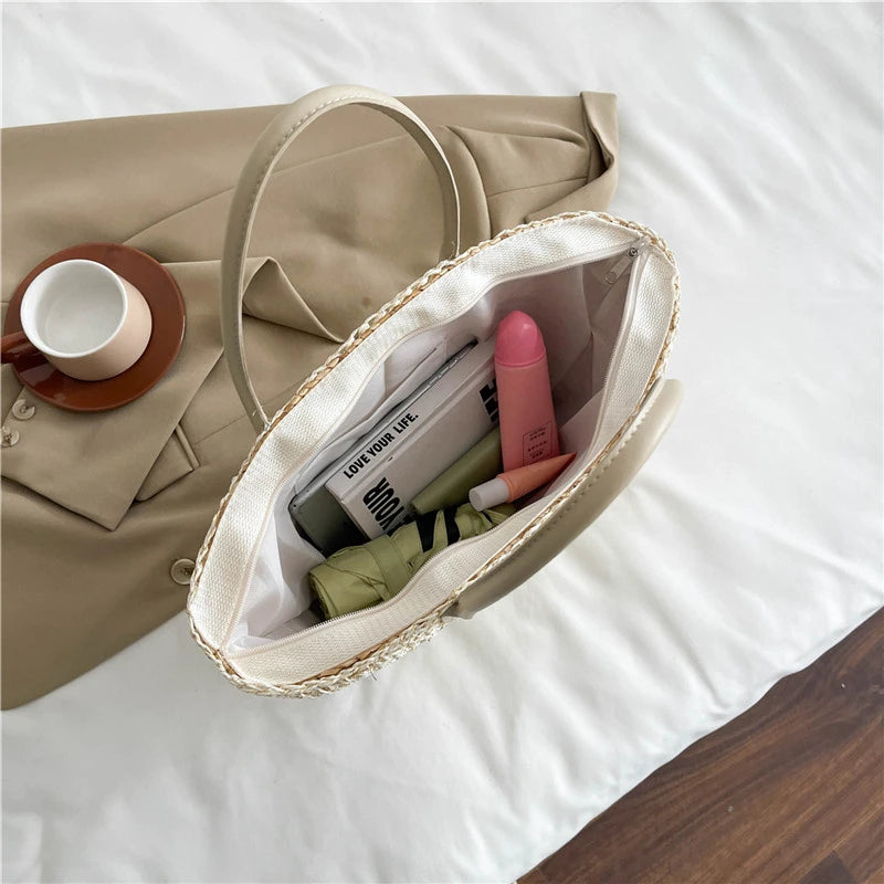 Summer Large Capacity Hand Knitting Straw Bag with Inner Pocket Casual Crochet Beach Handbag Travel Vacation Shopping Tote 2025