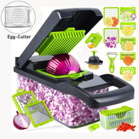 Cortador de verduras 12 en 1 multifuncional y manual con contenedor. Incluye cuchillas intercambiables para picar, rallar y rebanar fácilmente.