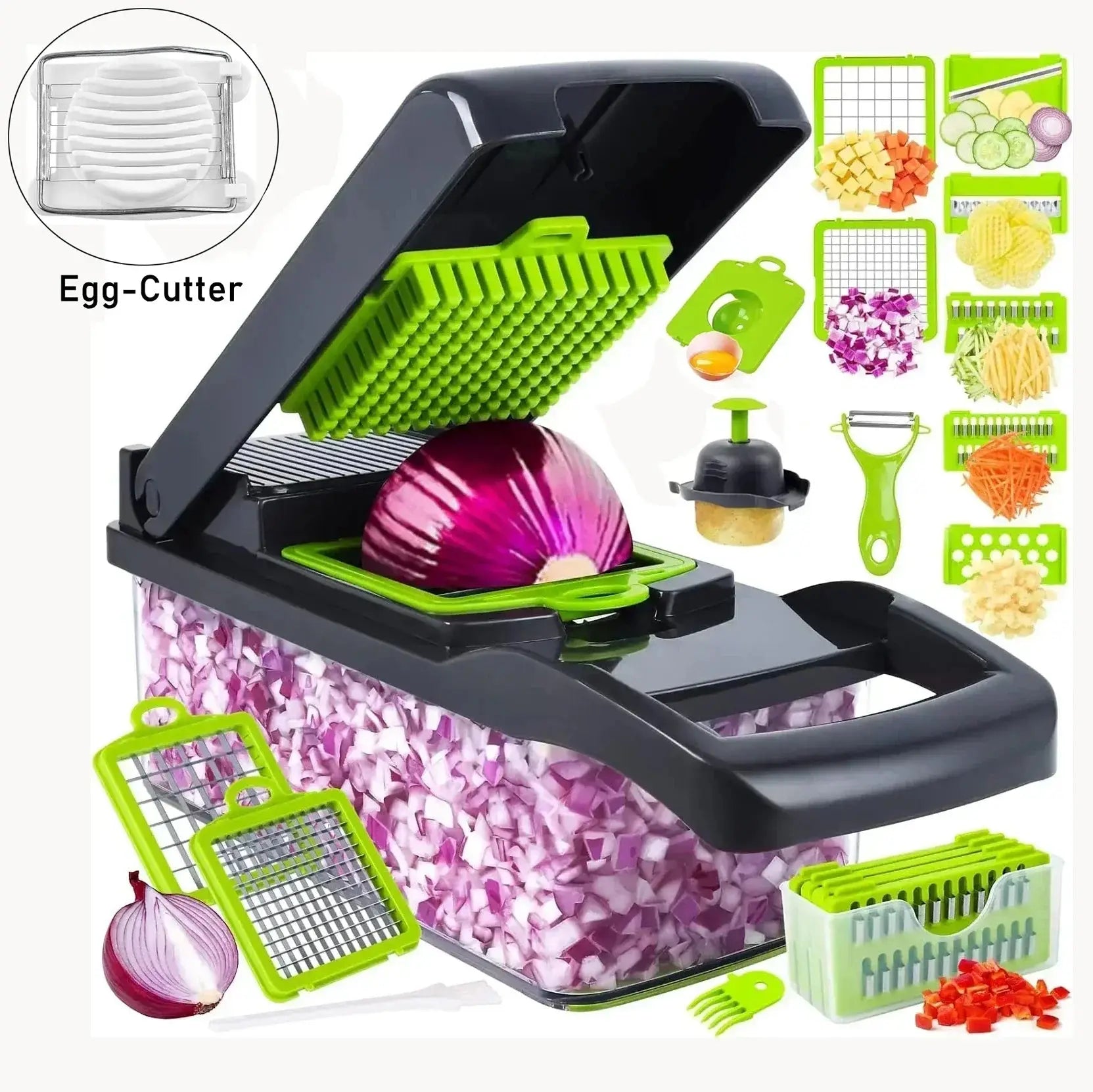 Cortador de verduras 12 en 1 multifuncional y manual con contenedor. Incluye cuchillas intercambiables para picar, rallar y rebanar fácilmente.
