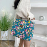 Fashion Floral Print Tote Bag, Portable Canvas Lunch Bag, Women's Casual Handbag & Bento Mommy Bag For Picnic Travel