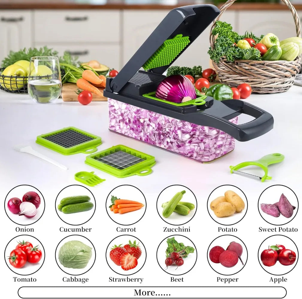 Cortador de alimentos con accesorios para diferentes tipos de cortes, adecuado para cebollas, pepinos, zanahorias, papas y más.
