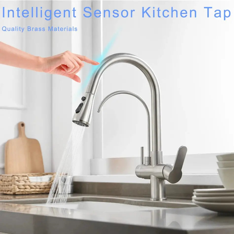 Brushed Nickel Touch on Filter Kitchen Faucet with Pull Down Sprayer Hot Cold Kitchen Sink Mixer Tap Sensor Touch Kitchen Faucet