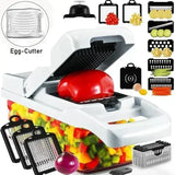 Cortador de verduras 12 en 1 multifuncional y manual con contenedor. Incluye cuchillas intercambiables para rebanar, rallar y picar fácilmente.