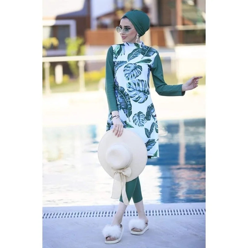 3pcs/Set Swimwears Women Printed Stretch Full Cover Hijab Long Sleeves Sport swimming Togs Lslamic Burkinis Wear Bathing Suit