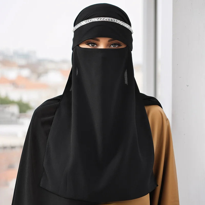 Middle East Chiffon Hijab With Rhinestone Mesh Mask Tie Instant Hijab Islamic Plain Color Scarf Middle East Full Cover Khimars