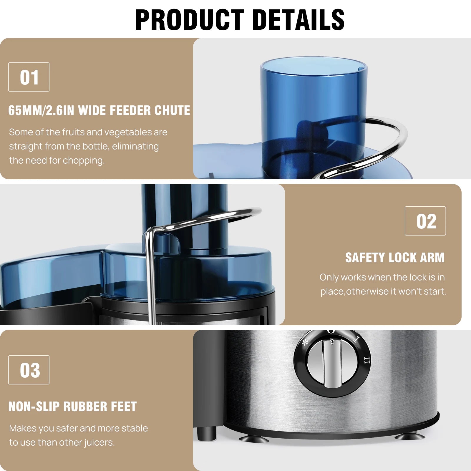 Extractor de jugos de 1000W con conducto de alimentación ancho de 65MM, brazo de bloqueo de seguridad y pies de goma antideslizantes.