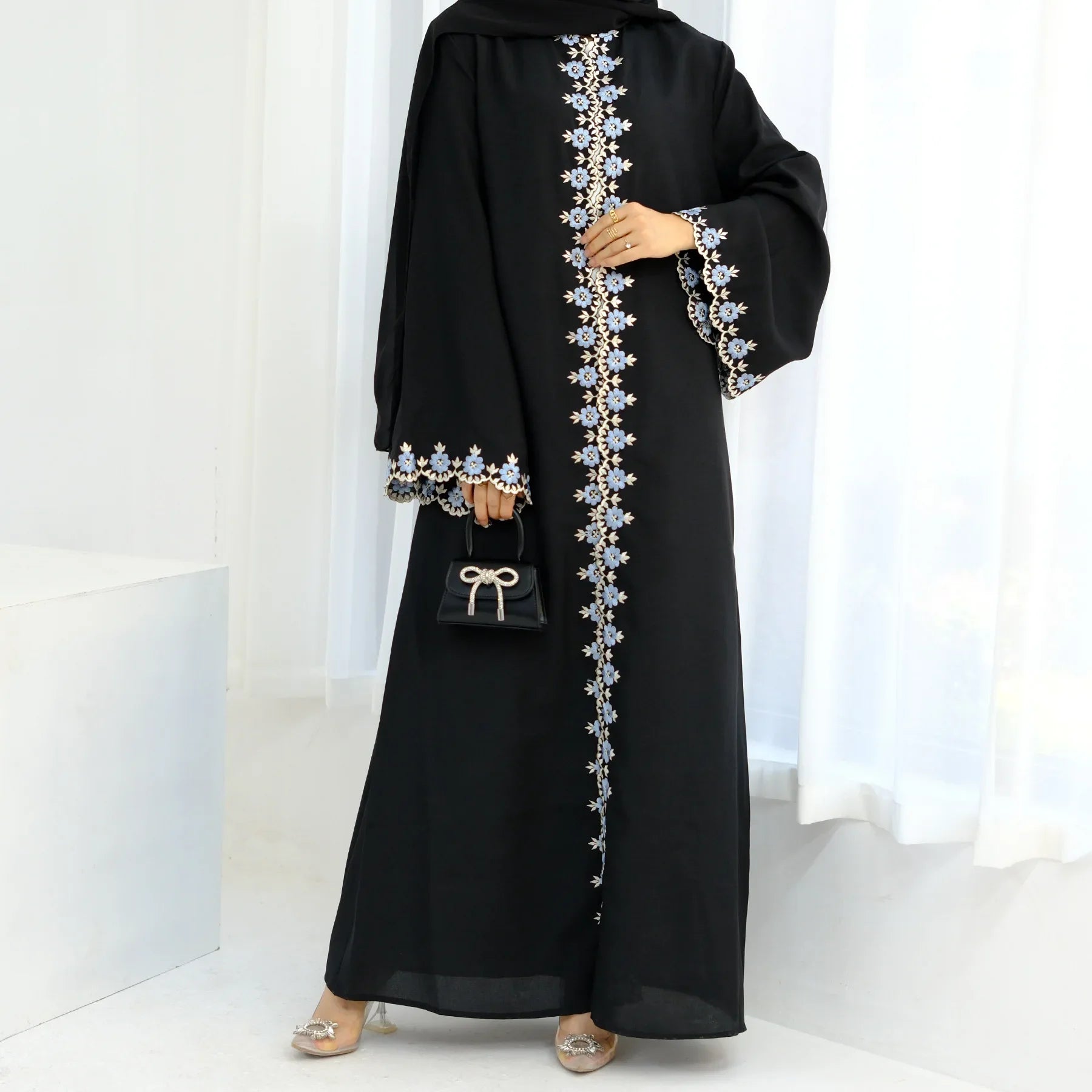 Eid Ramadan Flower Embroidery Abayas for Women Muslim Dress Dubai Open Abaya Turkey Kaftan Kebaya Caftan Marocain Femme Robe New