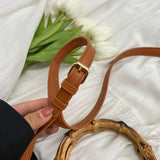Summer Shoulder Bag Bamboo Handle Ladies Woven Tote Handmade Casual Fashion Simple Portable Adjustable Strap for Seaside Holiday