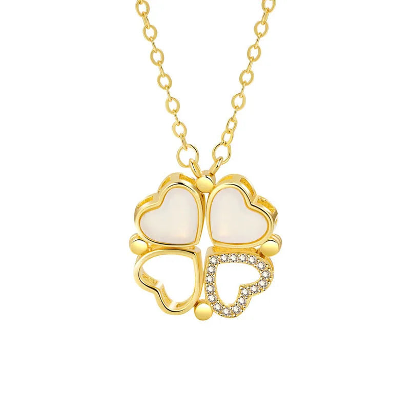 KOFSAC Luxurious Two In One Love Heart Four Leaf Clover Necklace 925 Silver Jewelry Zircon Lucky Grass Fashion Women Girl Gifts