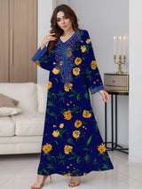 Women Vintage Long Sleeve Abaya Floral Print Muslim Maxi Dress Fashion Sundress Robe Femme Marocain Dubai Turkey Vestido