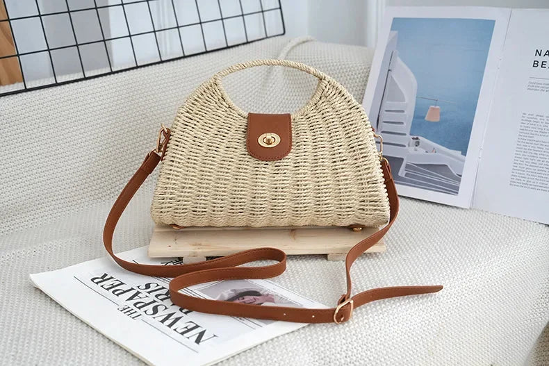 2024 Summer New Artistic Vintage Woven Handbag Single Shoulder Crossbody Bag Beach Vacation Fiberglass Strap Polyester Lining