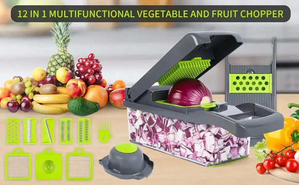 Cortador de verduras 12 en 1 con accesorios y contenedor. Diseño práctico para cortar cebollas, tomates, papas y más con facilidad.