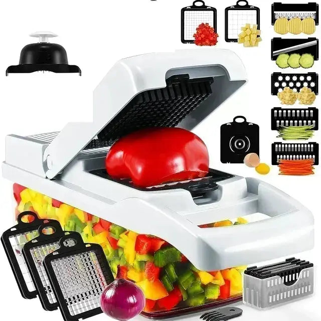 Cortador de verduras 12 en 1 multifuncional y manual con contenedor. Incluye múltiples cuchillas intercambiables para rebanar, rallar y picar fácilmente.