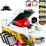 Cortador de verduras 12 en 1 multifuncional y manual con contenedor. Incluye múltiples cuchillas intercambiables para rebanar, rallar y picar fácilmente.