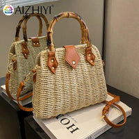 Summer Shoulder Bag Bamboo Handle Ladies Woven Tote Handmade Casual Fashion Simple Portable Adjustable Strap for Seaside Holiday