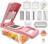 Cortador de verduras 12 en 1 multifuncional y manual con contenedor. Incluye múltiples cuchillas intercambiables para rallar, picar y rebanar fácilmente.