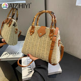 Summer Shoulder Bag Bamboo Handle Ladies Woven Tote Handmade Casual Fashion Simple Portable Adjustable Strap for Seaside Holiday