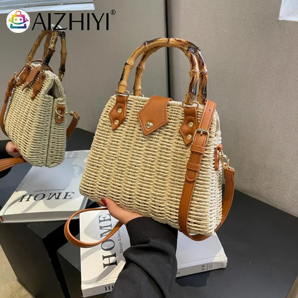 Summer Shoulder Bag Bamboo Handle Ladies Woven Tote Handmade Casual Fashion Simple Portable Adjustable Strap for Seaside Holiday