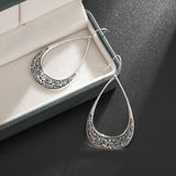 Silver-Plated Carved Flower Drop-Shaped Large Earrings Hypoallergenic Earrings for Women Retro Fashion Casual Party Jewelry
