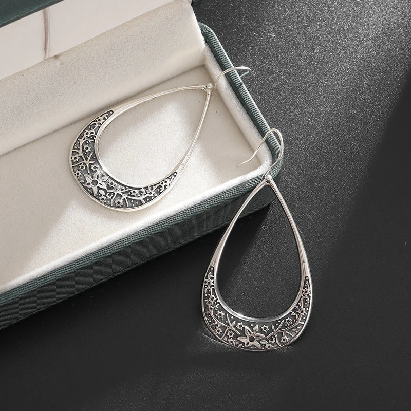 Silver-Plated Carved Flower Drop-Shaped Large Earrings Hypoallergenic Earrings for Women Retro Fashion Casual Party Jewelry