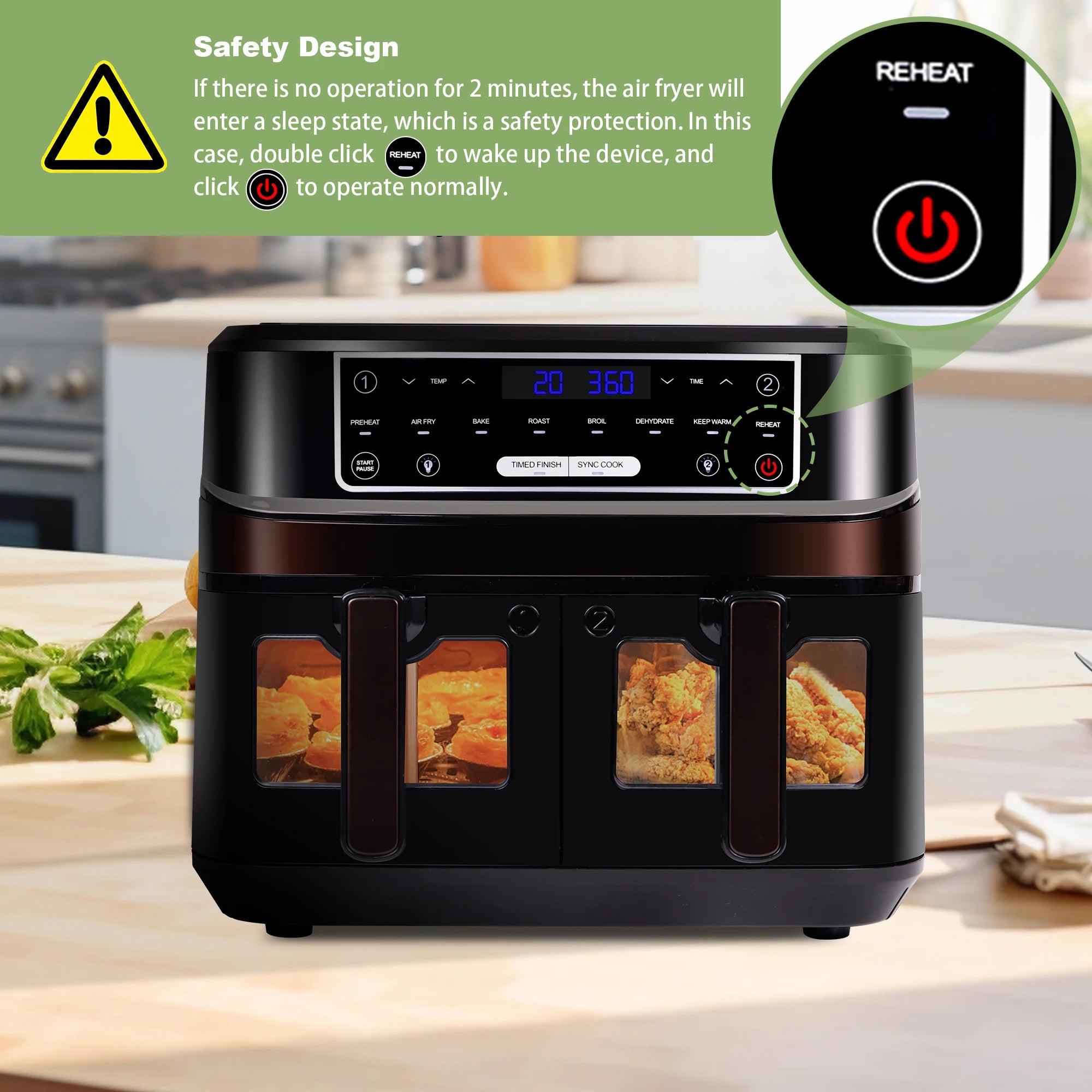 Hot air fryer 2 chambers with viewing window, 10L Double  drawers, Hot air fryer with touch screen 8 auto progrmas