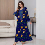Women Vintage Long Sleeve Abaya Floral Print Muslim Maxi Dress Fashion Sundress Robe Femme Marocain Dubai Turkey Vestido