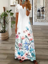 Spring Summer Women's New Fashionable Printed V-neck Sexy Lace Lace Patchwork Single Breasted Long Casual Comfortable Dress