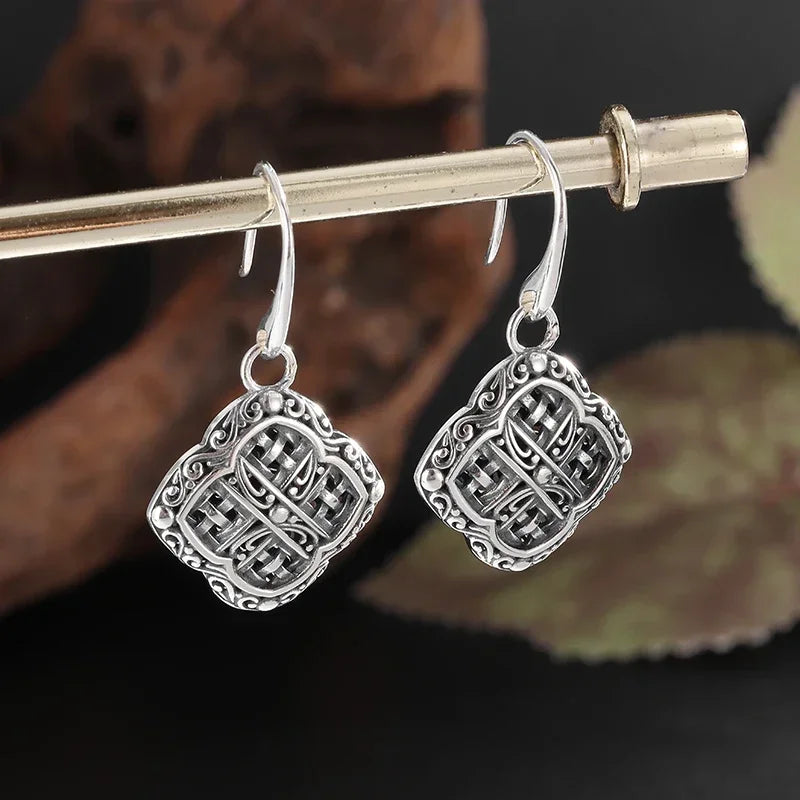 Silver-Plated Carved Flower Drop-Shaped Large Earrings Hypoallergenic Earrings for Women Retro Fashion Casual Party Jewelry