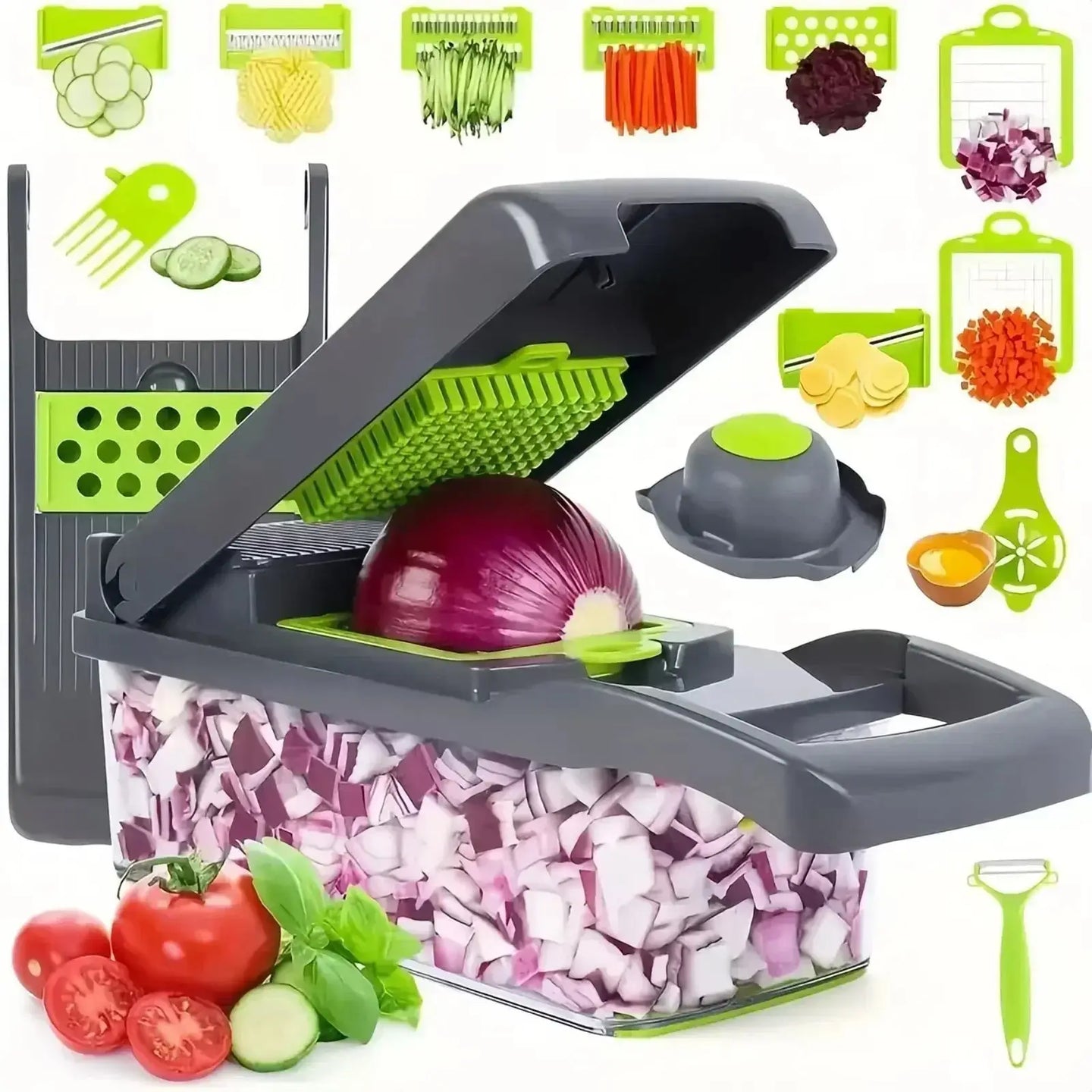 Cortador de verduras multifuncional con cuchillas afiladas para rebanar y picar ingredientes de manera rápida y uniforme.