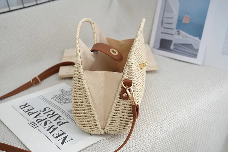 2024 Summer New Artistic Vintage Woven Handbag Single Shoulder Crossbody Bag Beach Vacation Fiberglass Strap Polyester Lining